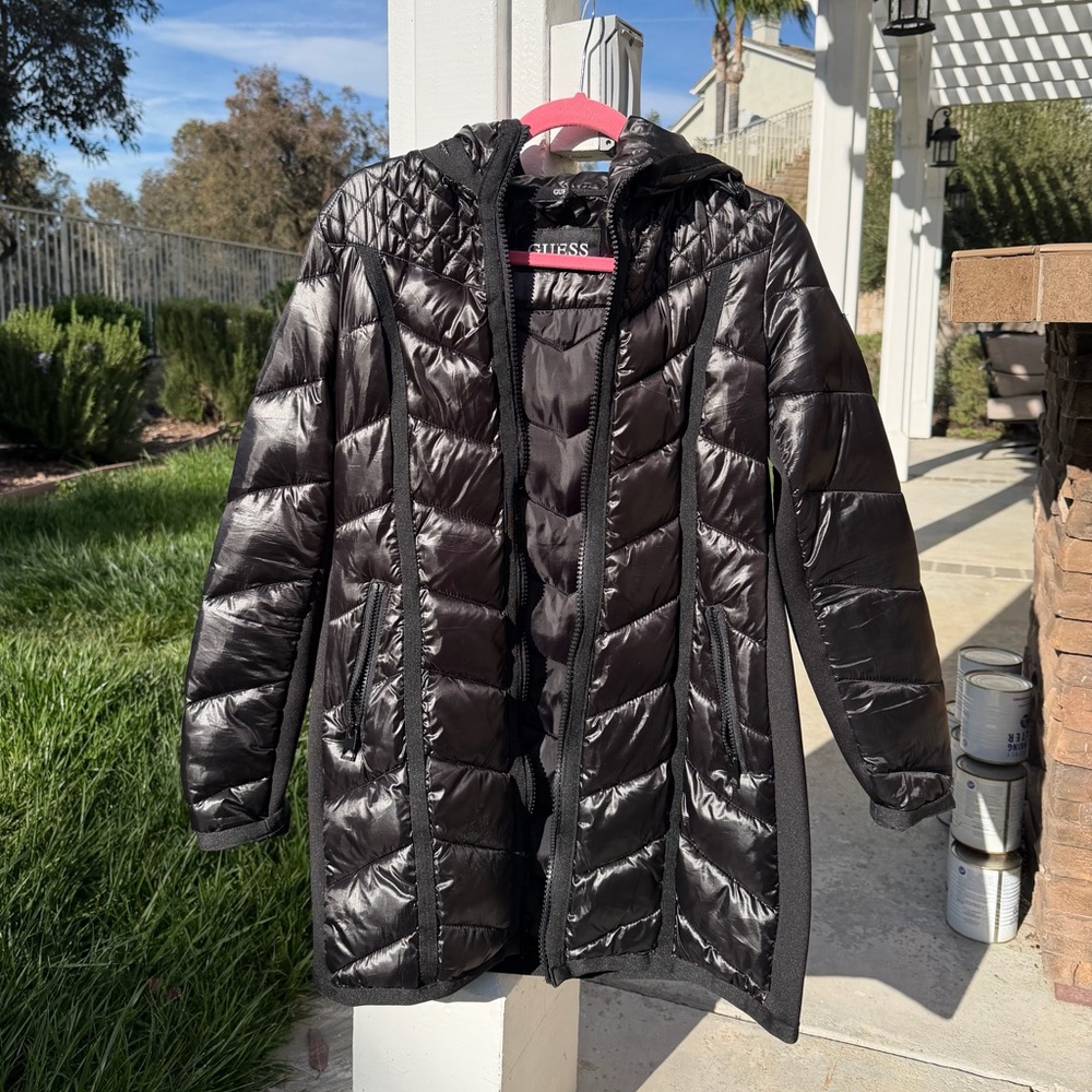 *SOLD* Guess Women's Black Quilted Long Puffer Hooded Coat Jacket